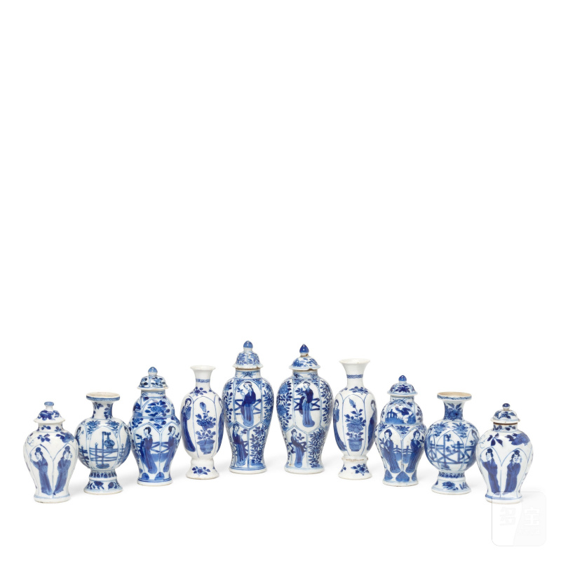 清康熙 青花仕女花卉紋瓶五對 | FIVE PAIRS OF MINIATURE BLUE AND WHITE 'LONG ELIZA' VASES - 图1